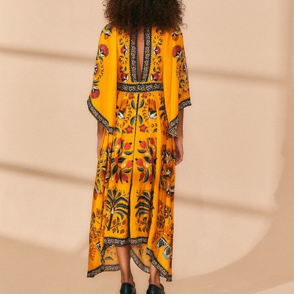 Farm Rio Yellow Tropical Tapestry Kaftan Dress - Picture 5 of 7